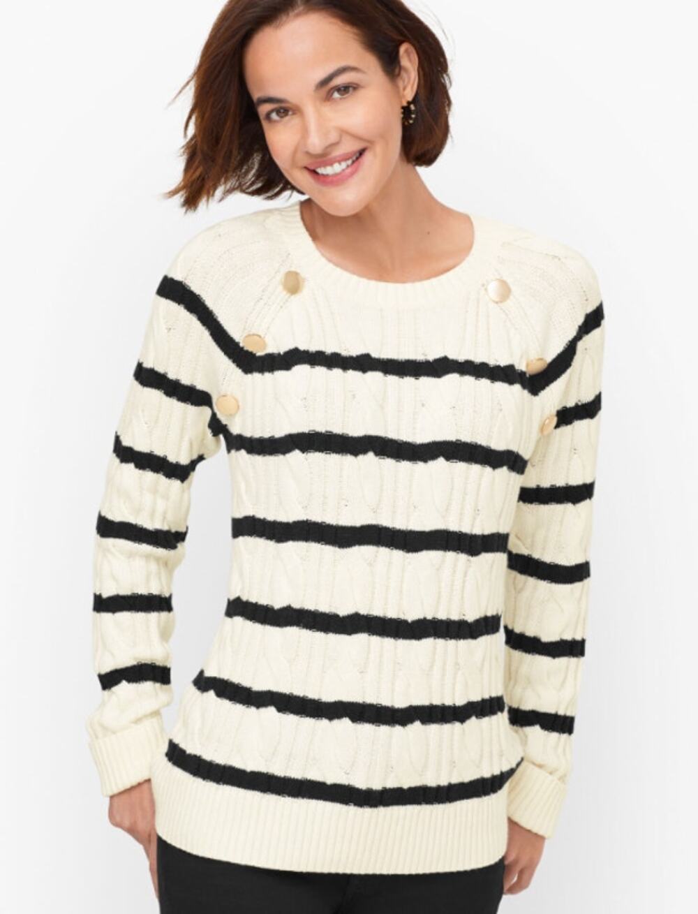 Talbots Cable Knit Crewneck Sweater Breton Stripe Gold Button Chunky Knit